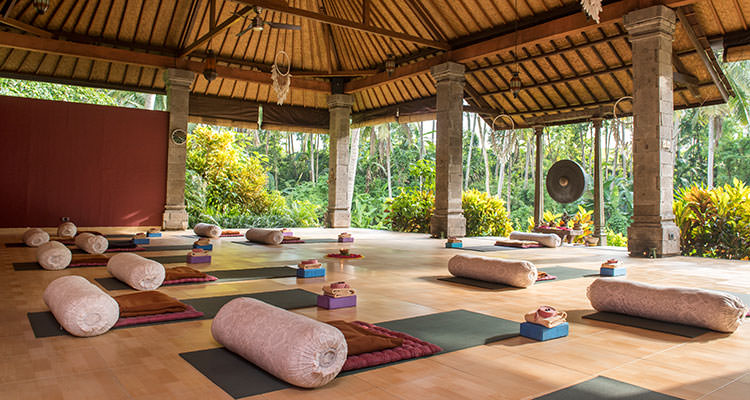 Your daily yoga sessions take place in the beautiful yoga shala, opening to green nature at Oneworld Retreats in Ubud, Bali.